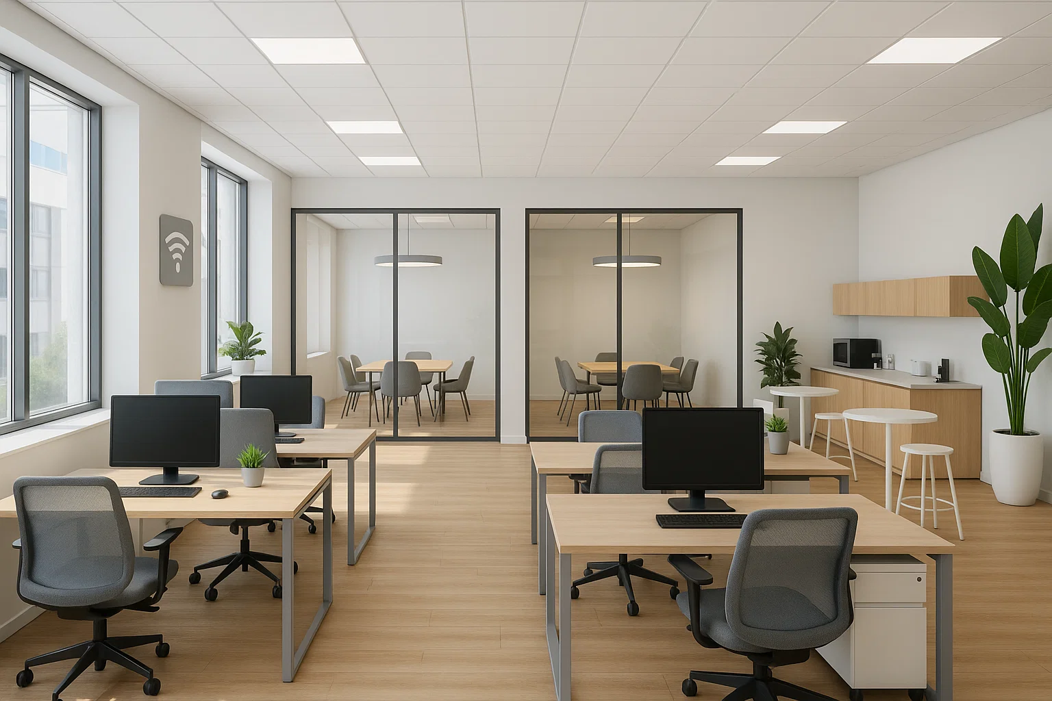 Bureau moderne avec équipements partagés, mobilier ergonomique et zones de travail collaboratif